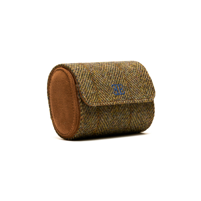 TRAVEL WATCH CASE — HARRIS TWEED GREEN, 2 WATCHES