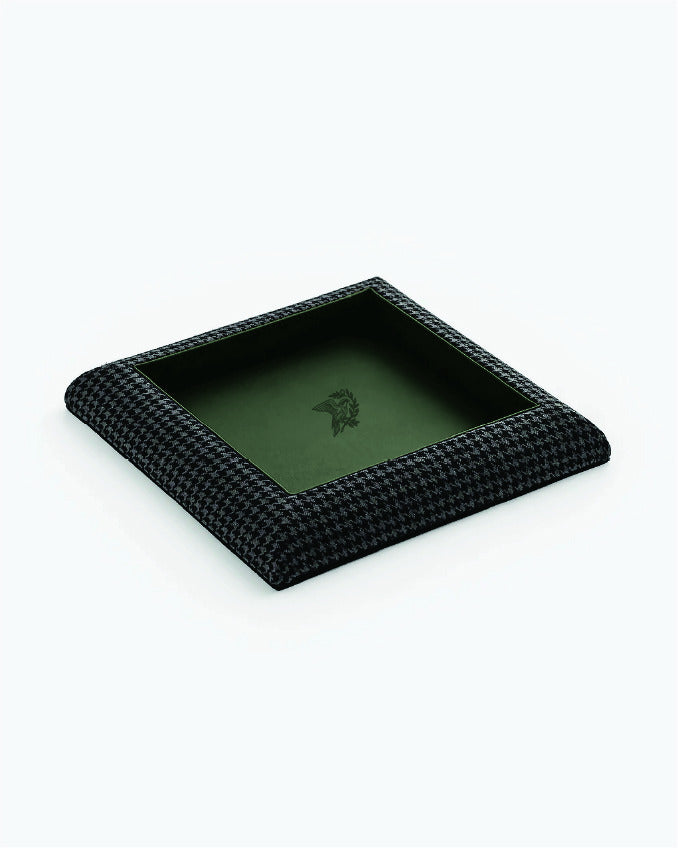 Catch Tray in tonal black houndstooth with Racing Green leather lining, angled view