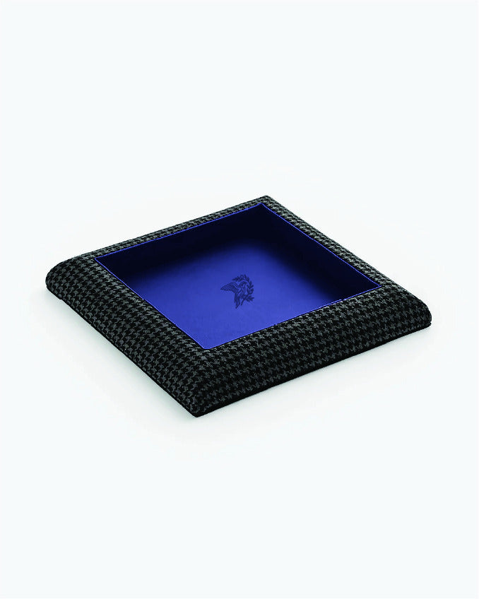 Catch Tray in tonal black houndstooth with Royal Blue leather lining, angled view