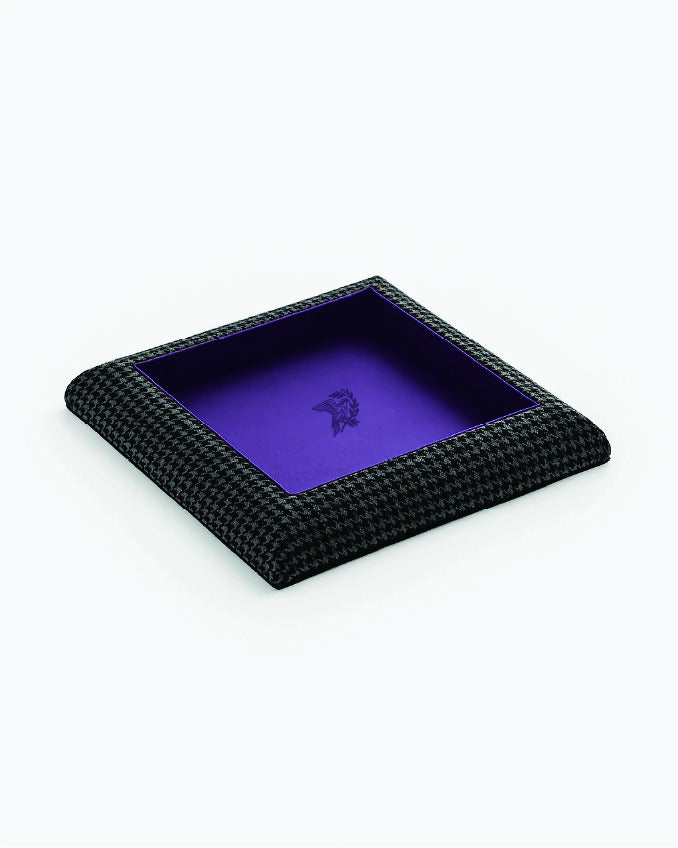 Catch Tray in tonal black houndstooth with Violet leather lining, angled view