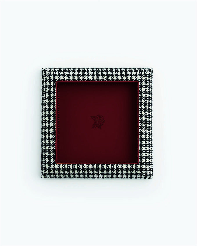 Catch Tray in black and white Pepita with Burgundy leather lining
