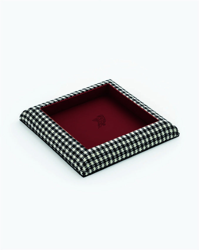 Catch Tray in black and white Pepita with Burgundy leather lining, angled view