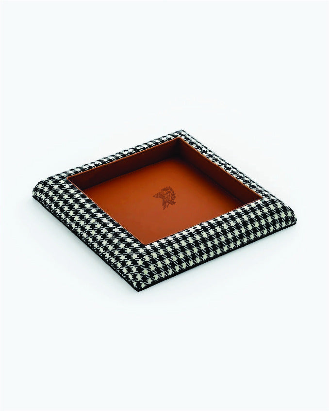 Catch Tray in black and white Pepita with Cognac leather lining, angled view