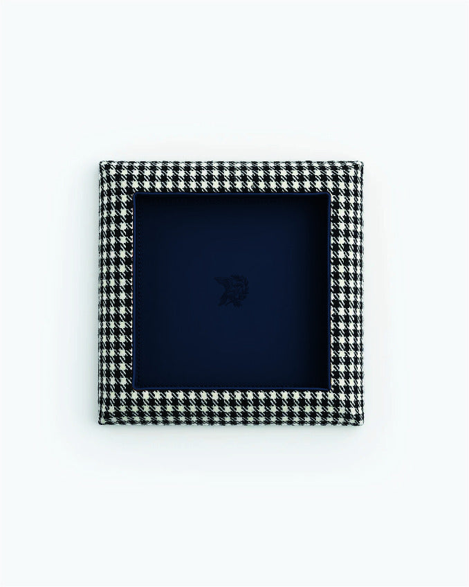 Catch Tray in black and white Pepita with Navy leather lining