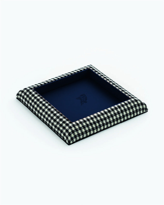 Catch Tray in black and white Pepita with Navy leather lining, angled view