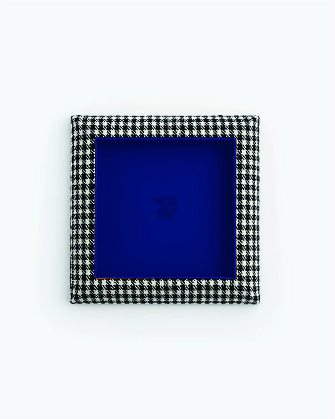 Catch Tray in black and white Pepita with Royal Blue leather lining
