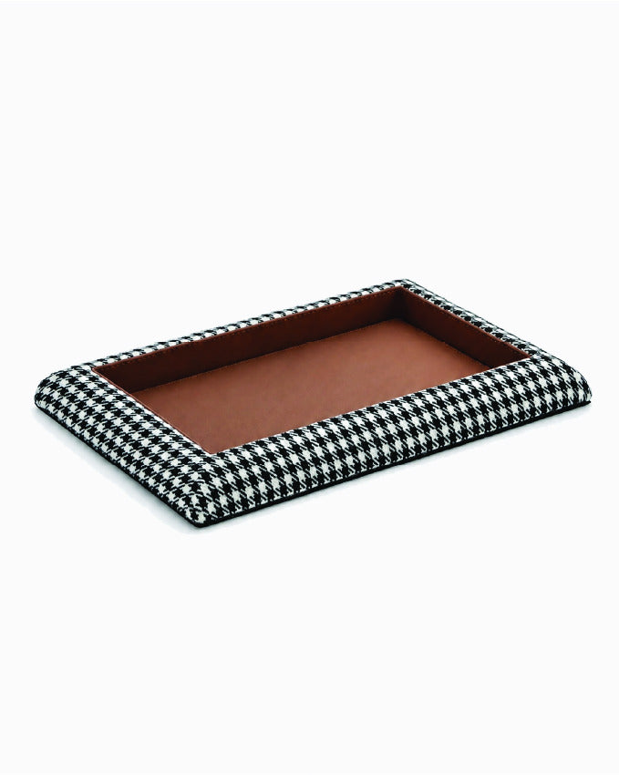 Catch Tray XL in black and white Pepita with Cognac leather lining, angled view