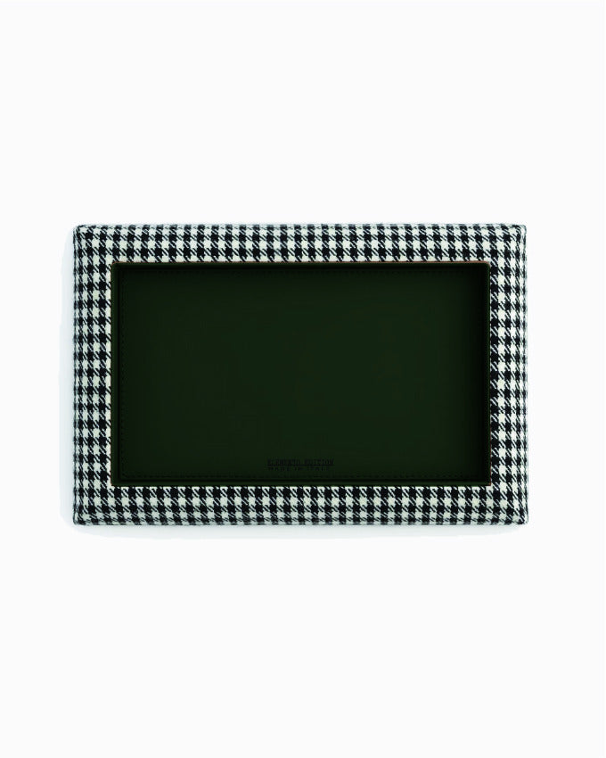 Catch Tray XL in black and white Pepita with Racing Green leather lining