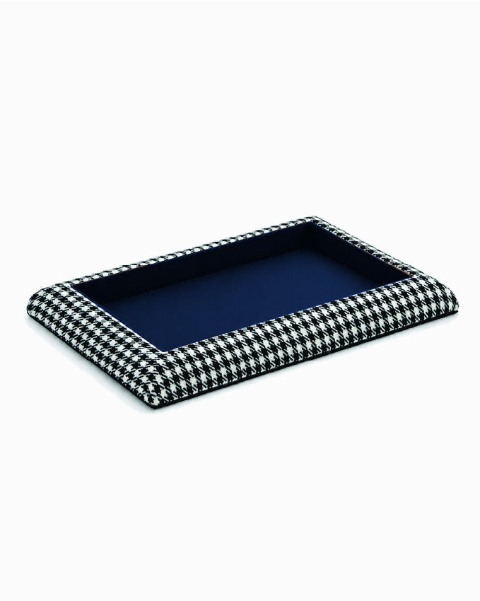 Catch Tray XL in black and white Pepita with Navy leather lining, angled view