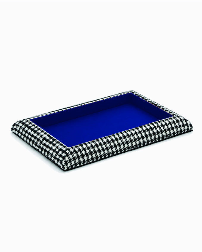 Catch Tray XL in black and white Pepita with Royal Blue leather lining, angled view