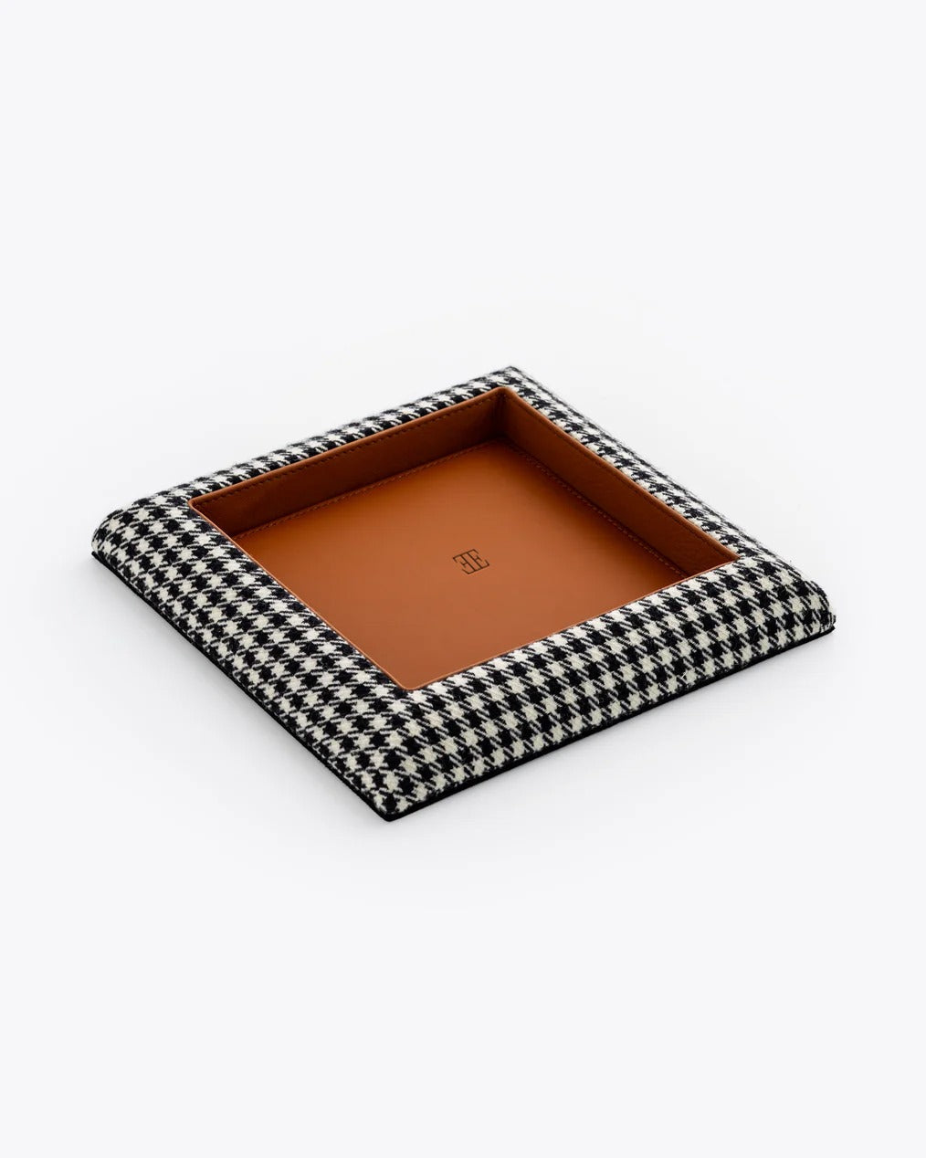 Valet tray in black and white Pepita with cognac Alcantara