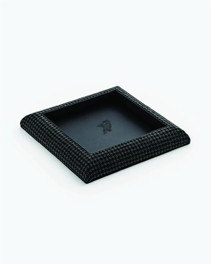 Catch Tray in tonal black houndstooth with Nero leather lining, angled view