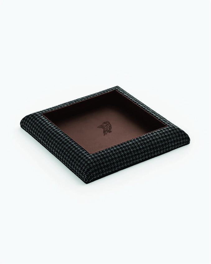 Catch Tray in tonal black houndstooth with Espresso leather lining, angled view