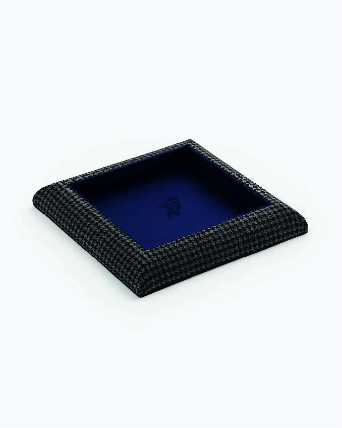 Catch Tray in tonal black houndstooth with Navy leather lining, angled view