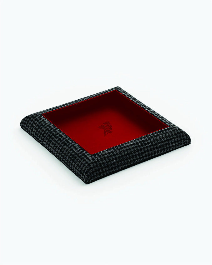 Catch Tray in tonal black houndstooth with Red leather lining, angled view