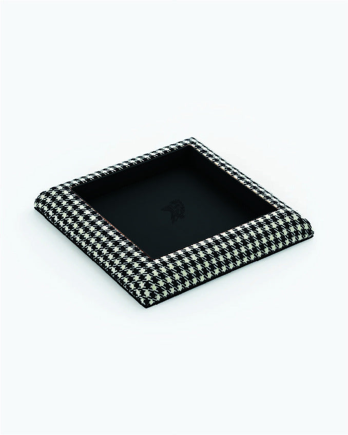 Catch Tray in black and white Pepita with Nero leather lining, angled view