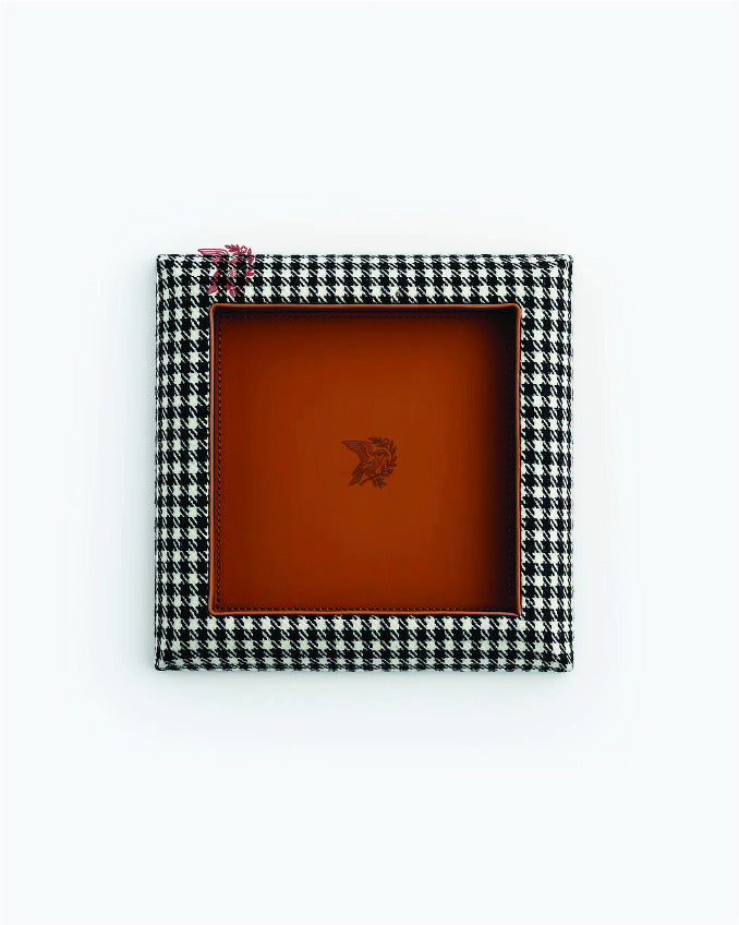 Catch Tray in black and white Pepita with Cognac leather lining