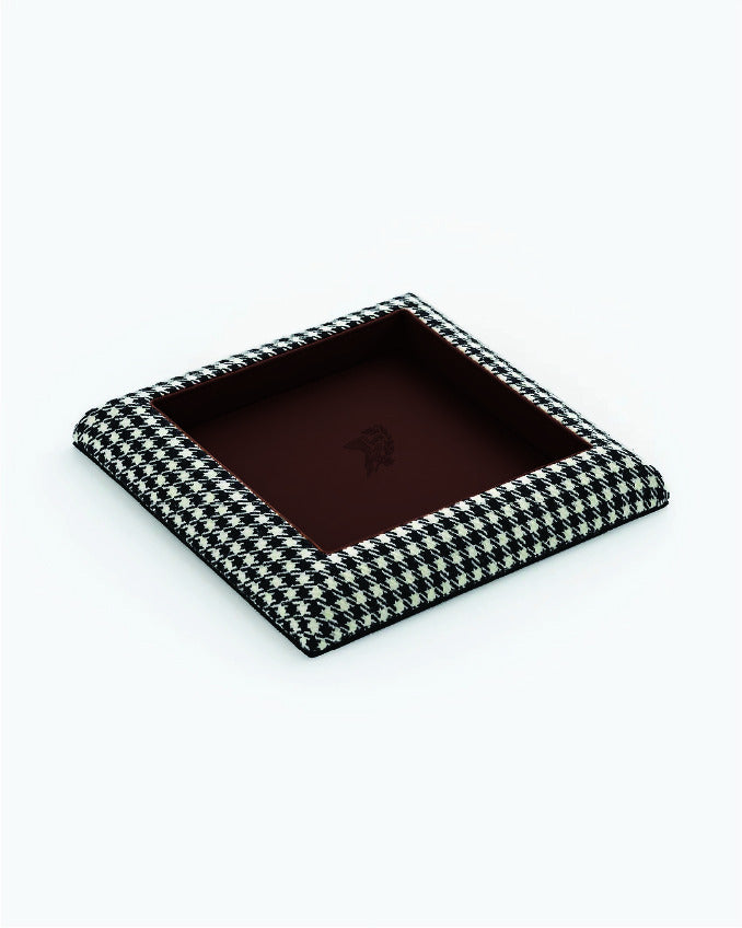 Catch Tray in black and white Pepita with Espresso leather lining, angled view