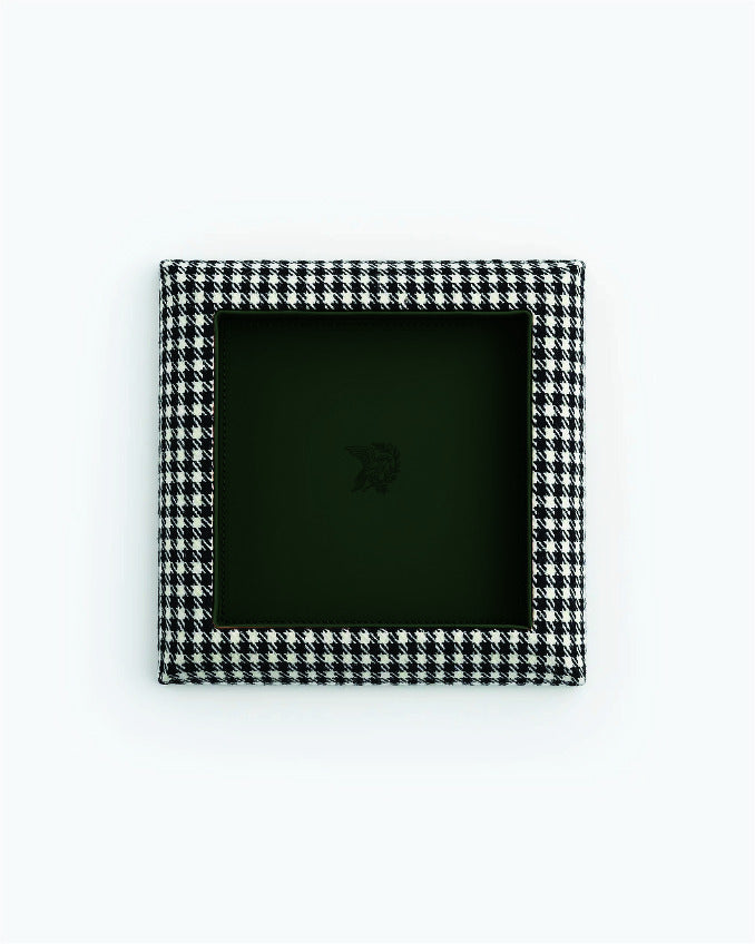 Catch Tray in black and white Pepita with Racing Green leather lining