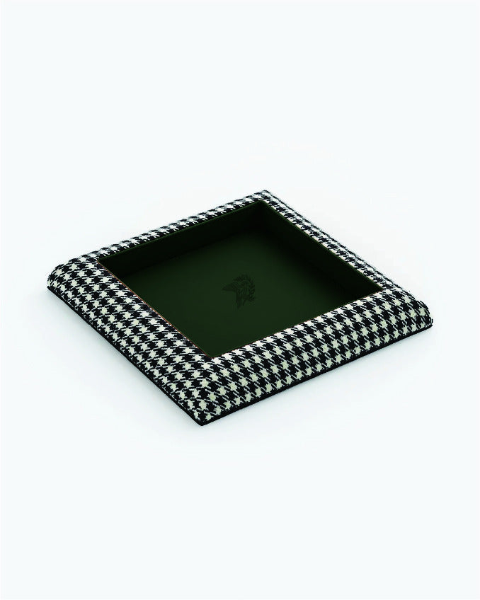 Catch Tray in black and white Pepita with Racing Green leather lining, angled view