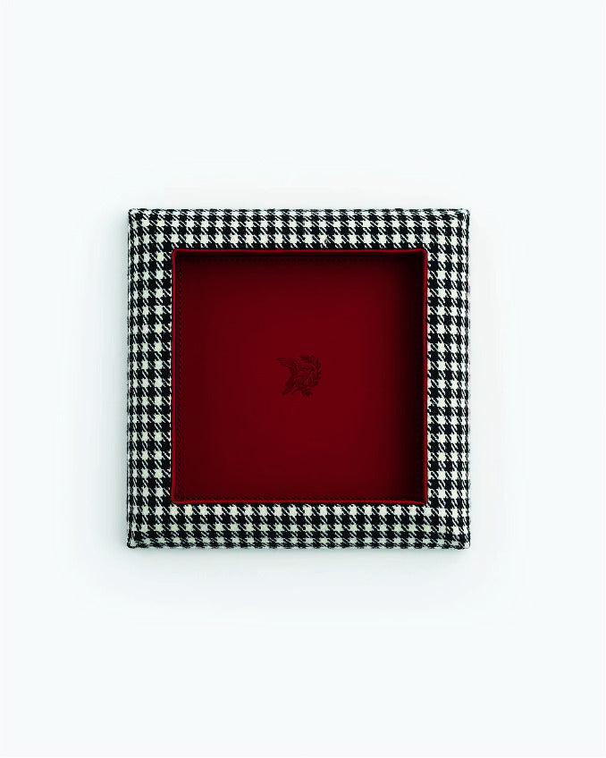 Catch Tray in black and white Pepita with Red leather lining