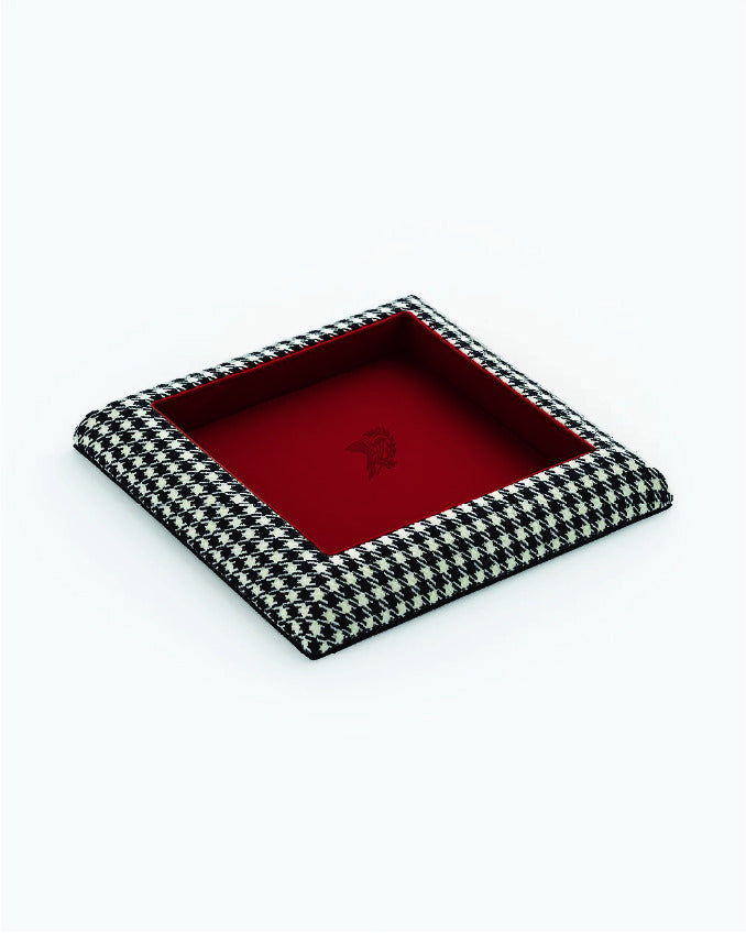 Catch Tray in black and white Pepita with Red leather lining, angled view