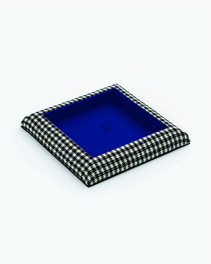 Catch Tray in black and white Pepita with Royal Blue leather lining, angled view