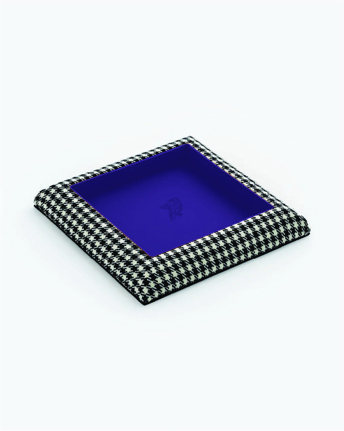 Catch Tray in black and white Pepita with Violet leather lining, angled view
