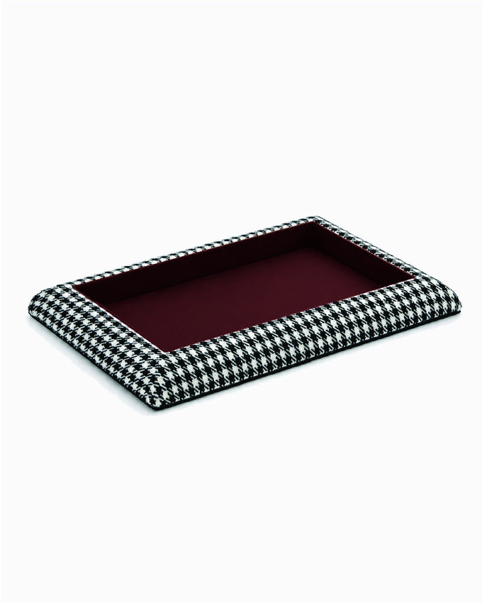 Catch Tray XL in black and white Pepita with Burgundy leather lining, angled view