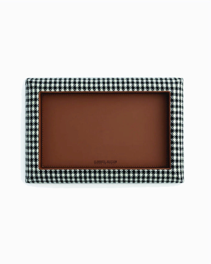 Catch Tray XL in black and white Pepita with Cognac leather lining
