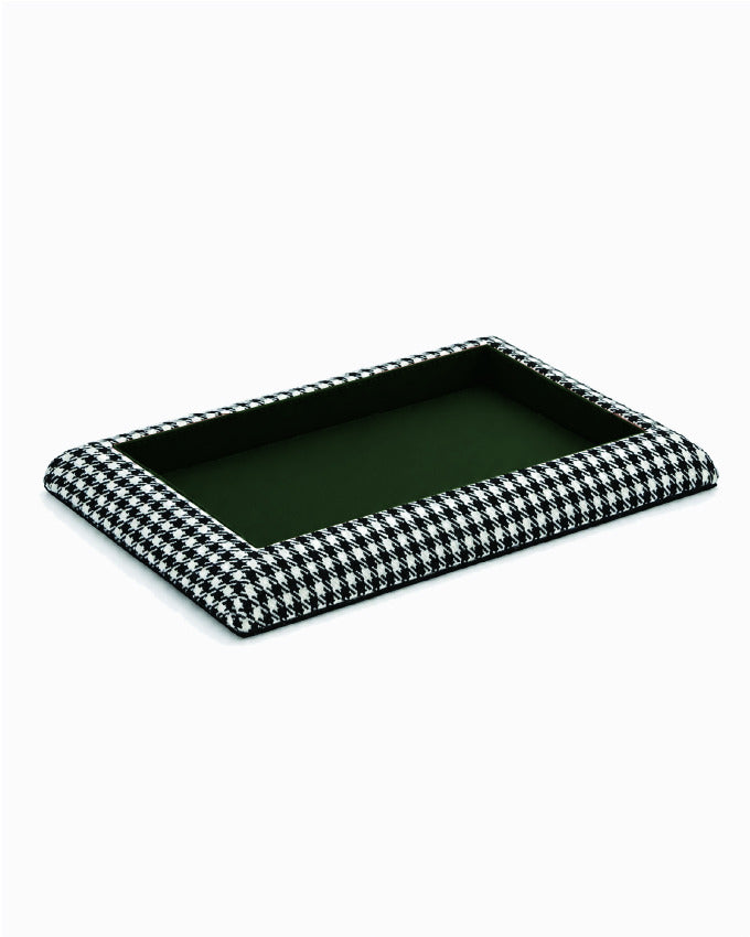 Catch Tray XL in black and white Pepita with Racing Green leather lining, angled view