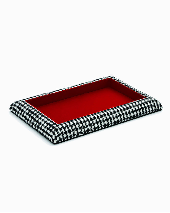 Catch Tray XL in black and white Pepita with Red leather lining, angled view